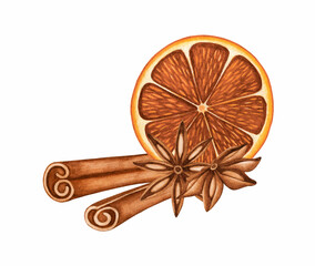 Christmas watercolor dried orange, cinnamon, star anise. Hot drinks, mulled wine spices. Hand drawn holiday illustration, clipart, element isolated for design menu, poster, invitation, greeting card