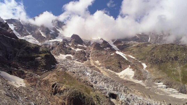 Aerial view of the glacier of Monte Rosa, above Macugnaga village in Piedmont, Italy