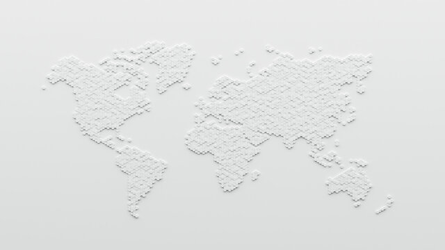 White hexagons in a form of a world map on a white wall. 3D render