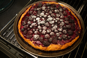 Autumn berry pie with powdered sugar
