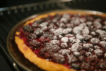 Autumn berry pie with powdered sugar