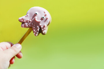 homemade gingerbread in the shape of an octopus on a wooden stick in a child's hand