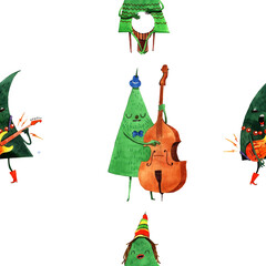 Seamless pattern illustration which contains christmas freak trees with music instruments isolated on white background - 390694720