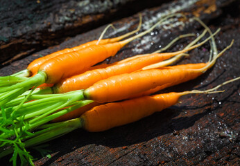 Fresh and sweet organic carrots on a old gray wooden table
