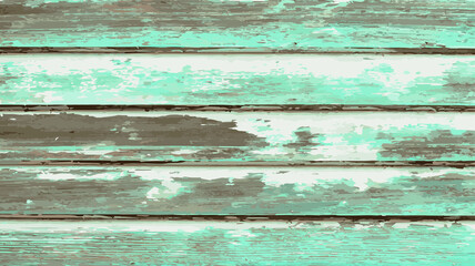 Rough vintage colorful green teal reclaimed wood surface with aged plank boards lined up. Wooden planks on a wall or floor with grain and texture. 