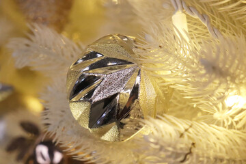 Christmas  balls on the silver tree. New year background with lights.