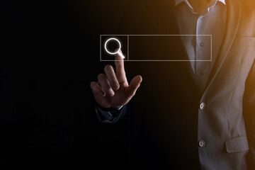 The concept of business people hand clicking on the search frame Multimedia interface Multimedia button icon interface Virtual reality technology.business, technology and internet concept.