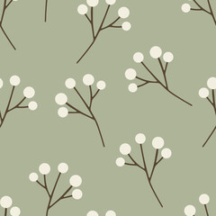 Christmas seamless pattern with berries. Cozy winter illustration for fabric, wrapping paper, scrapbooking, textile, banner, poster and other christmas design. Flat style hygge pattern. Beige color.