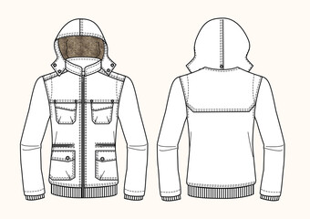 Parka corto uomo con cappuccio disegno piatto sketch fashion illustration fronte e retro mock up vettoriale © Andrea Cappa