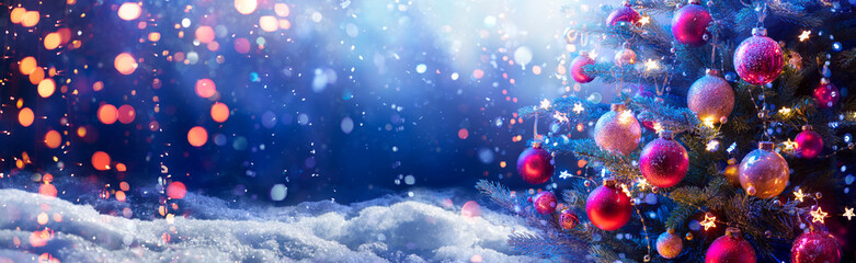 Abstract Snowy Christmas Tree On Snow With Snowfall And Defocused Lights In The Night