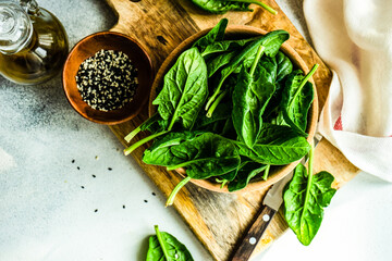 Organic food concept with fresh spinach