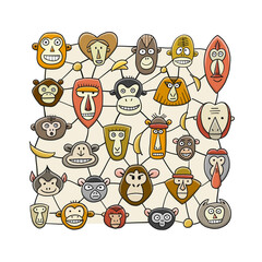 Funny monkey, big family. Sketch for your design. Childish style