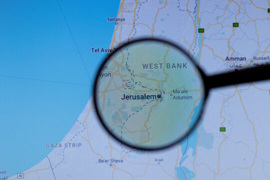 Los Angeles, California, USA - 1 May 2020: Jerusalem City Town name with location on map close up, Illustrative Editorial