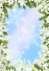 Fototapeta na wymiar Christmas frame made of fir tree branches and white snowflakes on blue background
