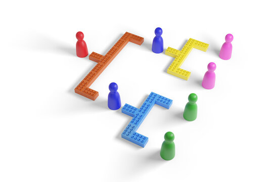 Colorful pawns and blocks representing a hierarchical structure isolated on white background. 3d illustration.