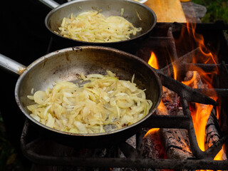 pans on the fire on the grill. roasting onions in the bright flames of the brazier.