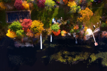 Aerial view of The village at the lake during autumn