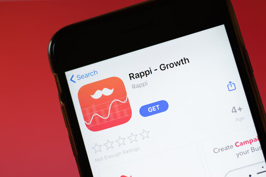 Moscow, Russia - 1 June 2020: Rappi Growth app mobile logo close-up on screen display, Illustrative Editorial.