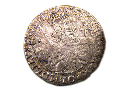 medieval European silver coin on white background