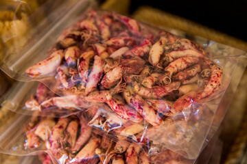 Penghu island (Pescadores) Taiwan October 14, 2019 Traditional Taiwanese street food in marketplace. Dried seafood snacks