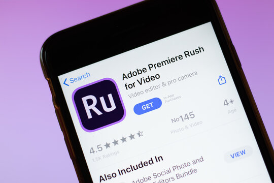 Moscow, Russia - 1 June 2020: Adobe Premiere Rush for Video app mobile logo close-up on screen display, Illustrative Editorial.