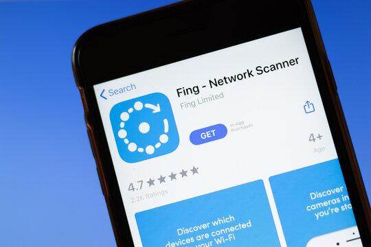 Moscow, Russia - 1 June 2020: Fing Network Scanner app mobile logo close-up on screen display, Illustrative Editorial.