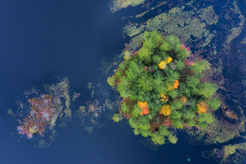 Naklejka na ściany i meble Aerial view on Two islands at the lake during autumn