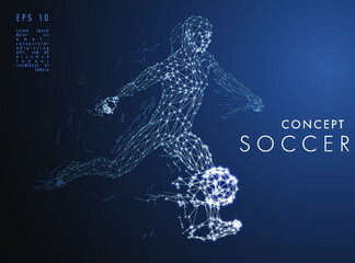 Fototapeta premium Abstract low-poly football player which consists of line and points, on dark background. Vector illustration. Graphic concept soccer.
