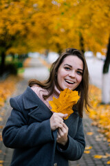 beautiful girl in an autumn coat with yellowed maple leaves in her hands