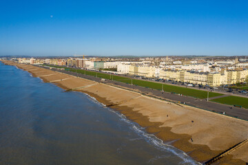 Aerial view of Brighton and Hove seafront showing the elegant houses from the Victorian and Edwardian period that graces this historic city.