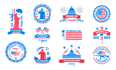 Veterans day set vector. Military event is celebrated in 11th November in United States. Helmet hangs on rifle. USA flag background. Soldier, statue of freedom, ribbons are shown on label,
