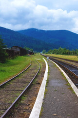 Fototapeta na wymiar Railroad. Rails and cross ties. Railway transport