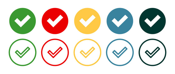 Checkmark icon. Set of checkmark icons in a colour circles. Circle shape OK buttons for vote. Ok, accept, vector.