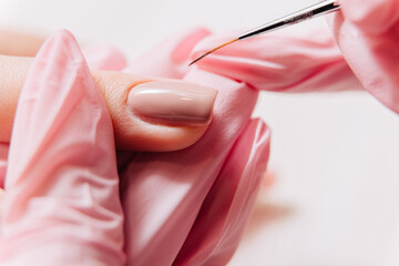Manicure process. Manicurist paints fingernails. Nail polish.