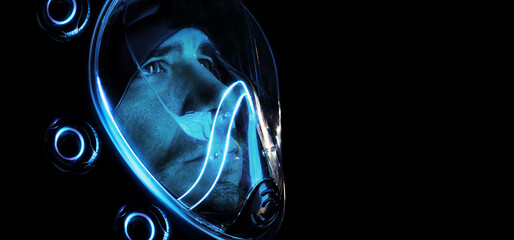 Futuristic astronaut in a spacesuit. Abstract man portrait. Digital art. Augmented reality, future technology, game concept. © KDdesignphoto