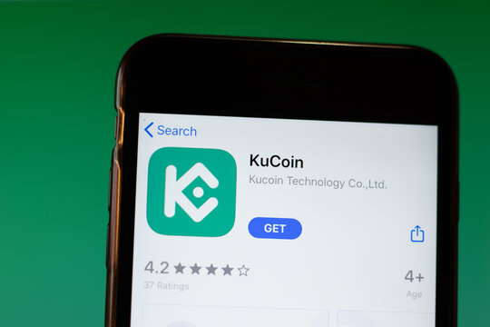 Moscow, Russia - 1 June 2020: KuCoin app mobile logo close-up on screen display, Illustrative Editorial.