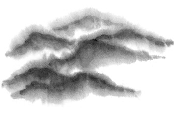 Background with mountains. Ink mountain. Black and white image. Ink Chinese mountain landscape. Mountains in the fog. Trees on the mountain. Ink image. Pines. Hill,  peak 