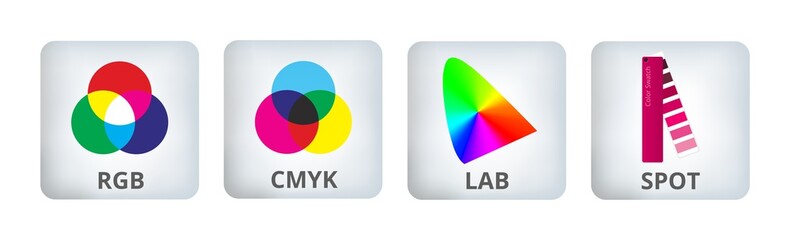 Vector icons in buttons with cmyk, rgb, spot, and lab or cielab colors isolated on a white background. Additive and subtractive color mixing.  Device independent and dependent color spaces. 
