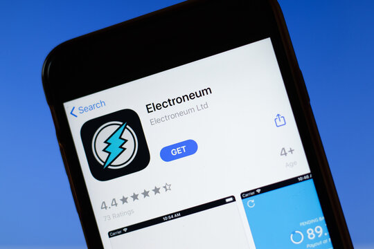 Moscow, Russia - 1 June 2020: Electroneum app mobile logo close-up on screen display, Illustrative Editorial.