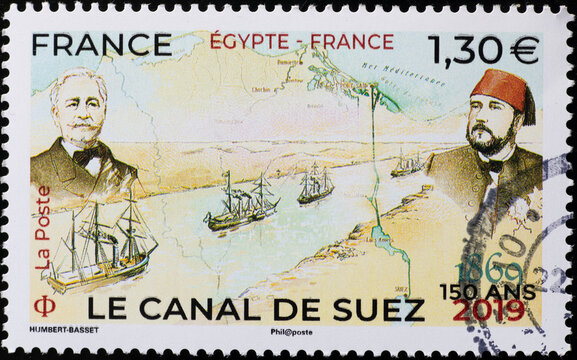 Celebration of Suez Canal on postage stamp
