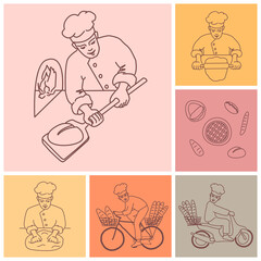 Happy baker kneads and rolls dough, bakes bread, delivers ready-made bread on a bicycle and scooter. Loaf, bread, pizza, patty. Hand drawn in cartoon style. Vector illustration.