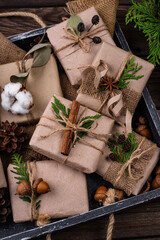 Christmas gift boxes in craft paper