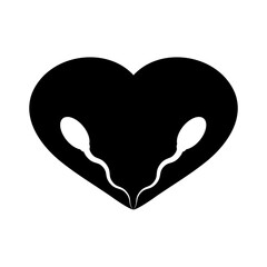 Spermatozoons inside a heart symbol. Logo, black silhouette on a white background. The concept of male sperm fertilization of a female egg. Isolated vector illustration, icon.