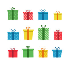 Colorful gift boxes set. Vector illustration of cute present boxes on white background. Flat design style.