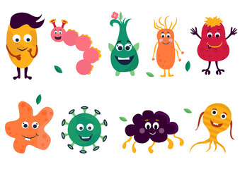 Funny and scary bacteria characters isolated on white. Vector icons of gut and intestinal flora, germs, virus. Illustration