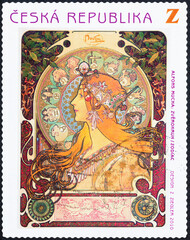 Illustration of Zodiac by Alfonse Mucha on postage stamp  - obrazy, fototapety, plakaty