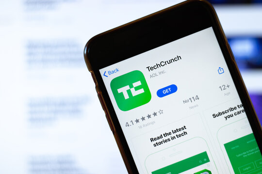 Moscow, Russia - 1 June 2020: TechCrunch mobile app logo on phone screen, close-up icon, Illustrative Editorial
