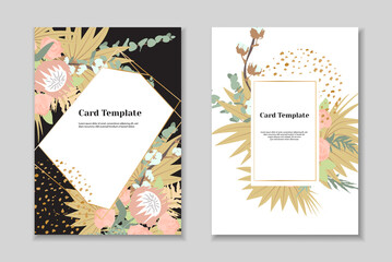 Fototapeta premium Set of 2 boho greting card templates, tender pastel colorls, white background. Golden geometrical frame.