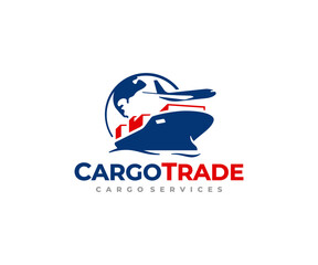 Global freight transportation logo design. International trade and logistic vector design. Sea and air cargo services logotype