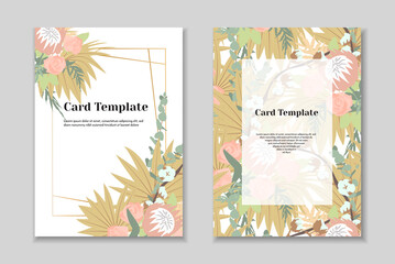 Set of 2 boho greting card templates, tender pastel colorls, white background. Golden geometrical  frame.